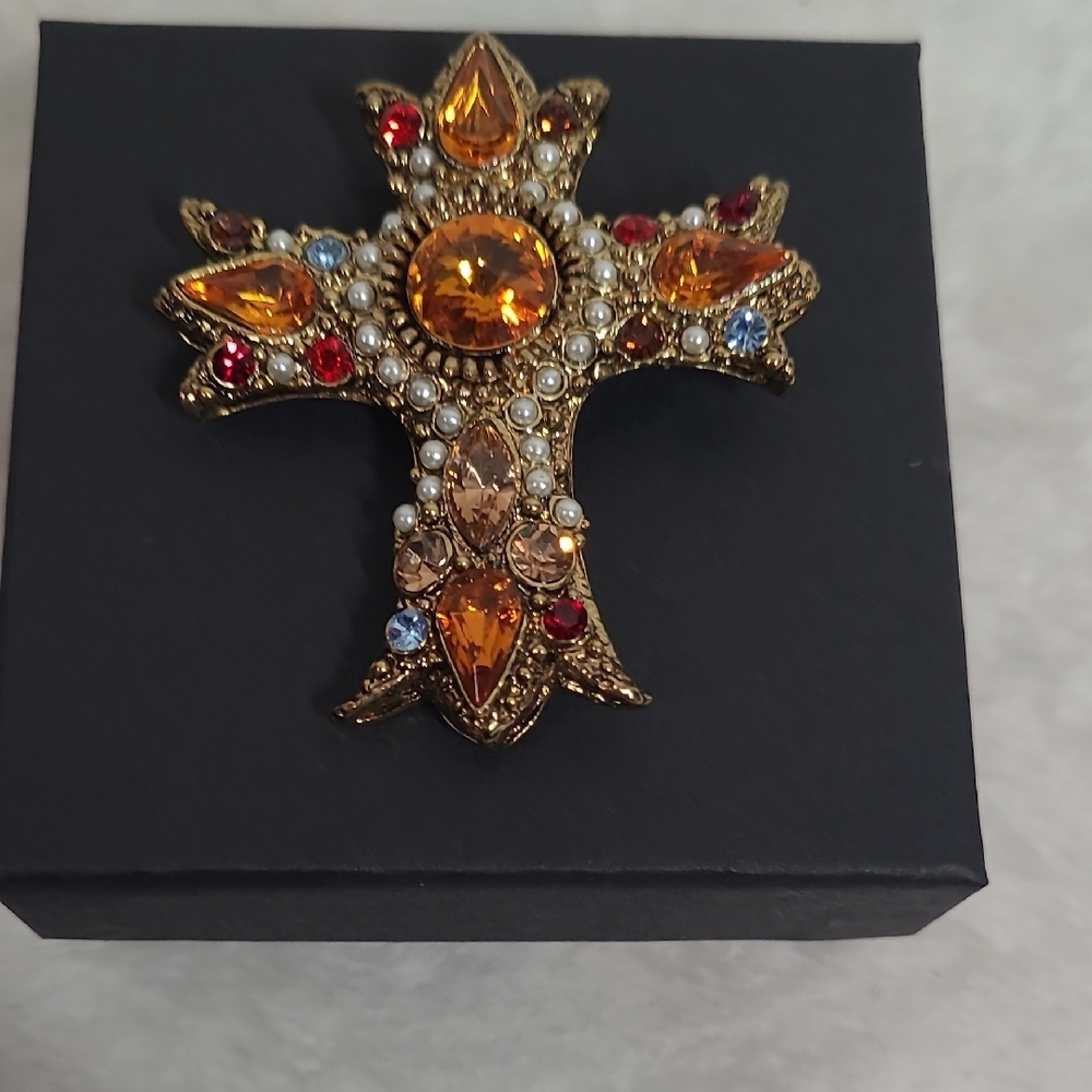 Vintage Style Jeweled Cross Brooch